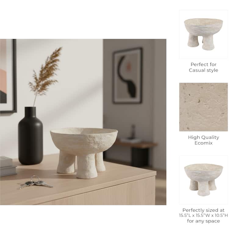 Decorative Textured Bowl with Tripod Pedestal Base - 16", White