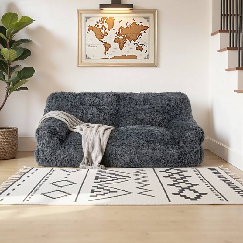 Plush Fluffy Faux Fur Foam Filled Bean Bag Chair, Cozy Soft Loveseat Floor Sofa