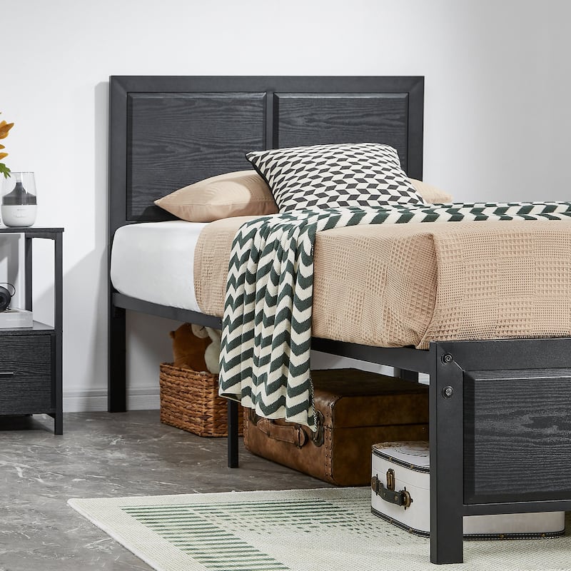Bedroom Set of 3 Wood Headboard Platform Bed Frame Set of 2 Nightstands with Charging Station USB Port