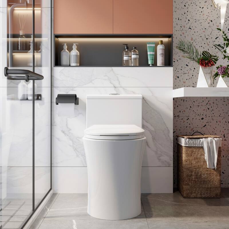 HOROW One Piece Elongated Toilet in White 0.8/1.28 GPF High Efficiency Dual Flush with Soft Closing Seat - N/A - White