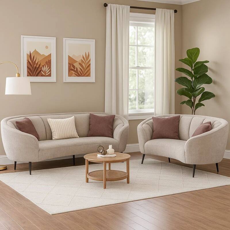 Zui 2pc Sofa Loveseat Set, Modern Curved Shape Beige Tufted Fabric, 4 Pillows