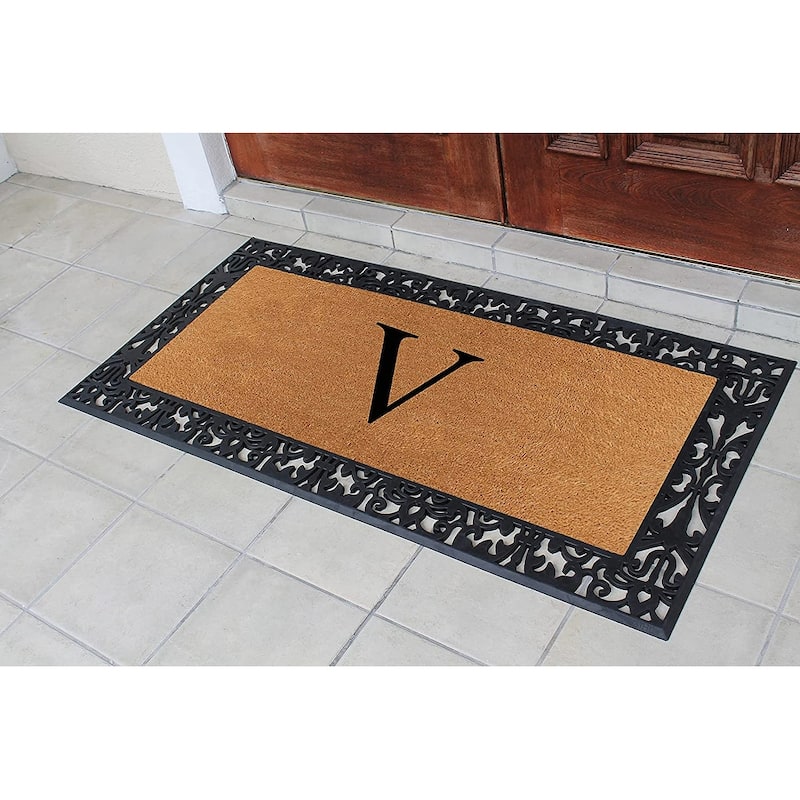 A1HC Rubber and Coir Paisley Border Heavy Duty Non-Slip Durable Double Door Monogrammed Doormat 30"X60", Black