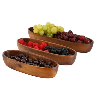 3 Piece Acacia Wood Assorted Size Long Serving Bowl Set For Candy, Snacks, and More
