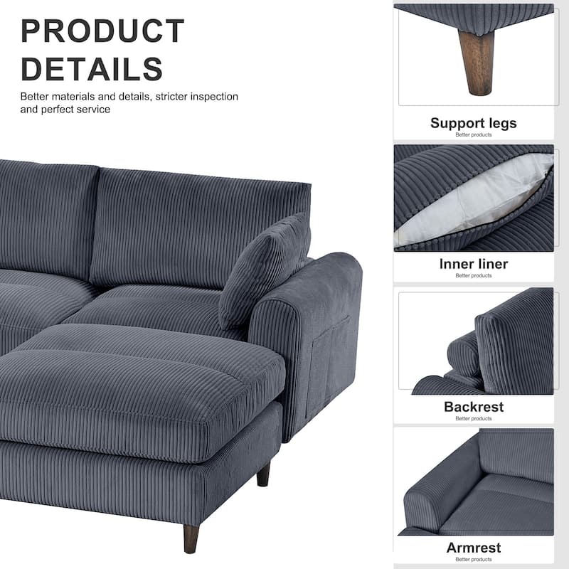 Anmytek 6-Seat Modular Corduroy Sectional Sofa Convertible U/L-Shaped with Pillow & Footstool
