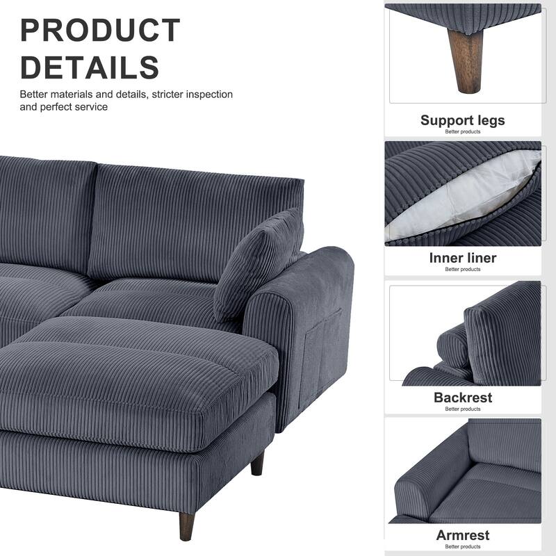 U-Shaped Modular Sectional Sofa with Ottoman, Oversized Corduroy Convertible Sofa, 6 Seater Sofa with Pillow & Storage Pockets