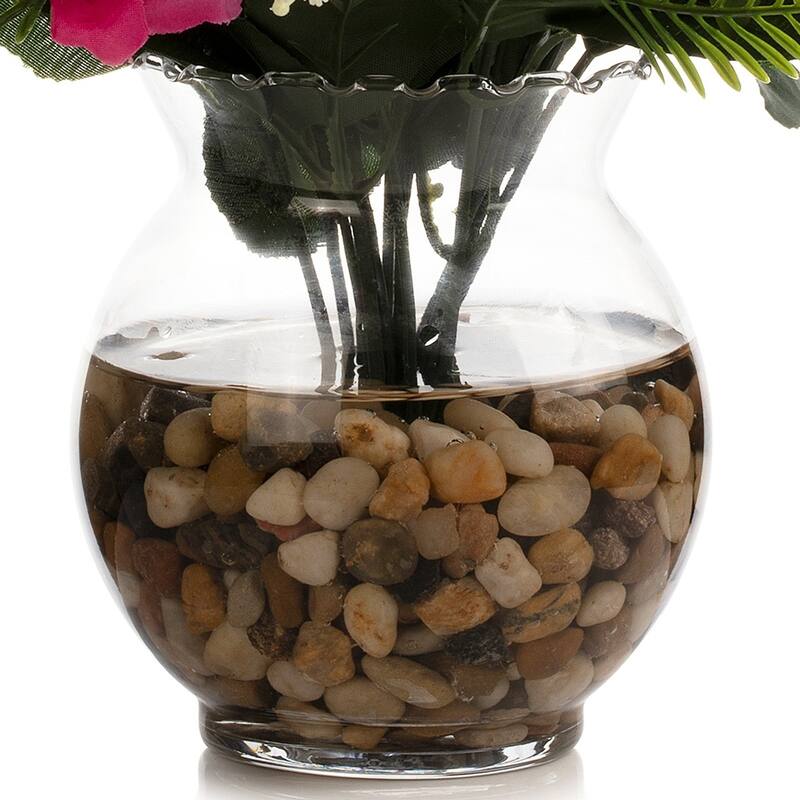 18 Heads Silk Rose Flower in Clear Glass Vase With Faux Water and River Stone for Home Decor, Wedding Table