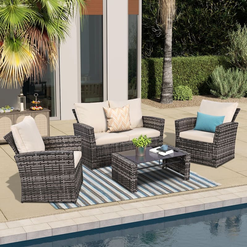 4-Piece Wicker Outdoor Sofa Set, 1 Loveseats, 2 Single Sofas, 1 Table - Gray/Beige
