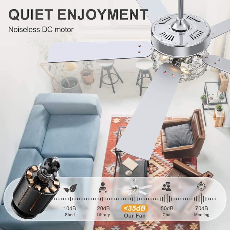 52" Chrome Crystal Ceiling Fan with Lights, Remote Control, Reversible DC Motor, 6-Speed Indoor Ceiling Fan with 5 Silver Blades