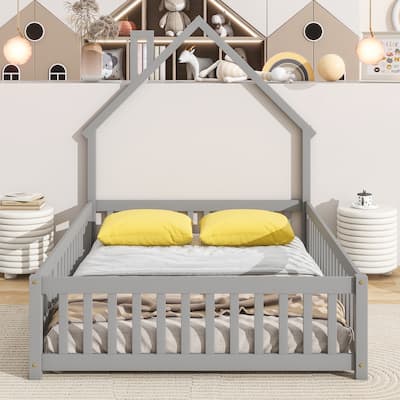 Wooden House Shaped Bed Frame without Slats, Full Size Floor Bed with Fence and Door