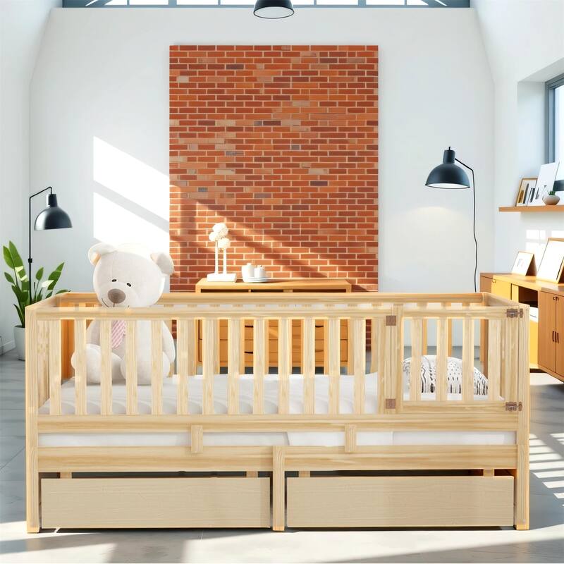 Twin Size Wood Daybed with Fence Guardrails and 2 Drawers