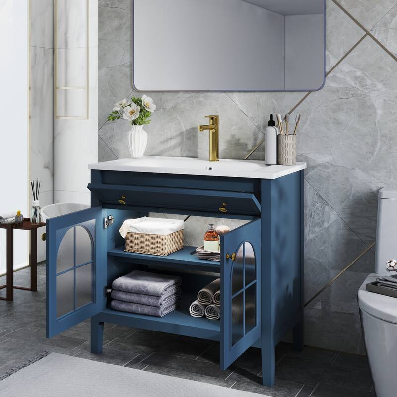 35.6-Inch Mid-Century Bathroom Vanity Sink with Patterned Glass & Motion-Sensor Light, Farmhouse Storage Vanity