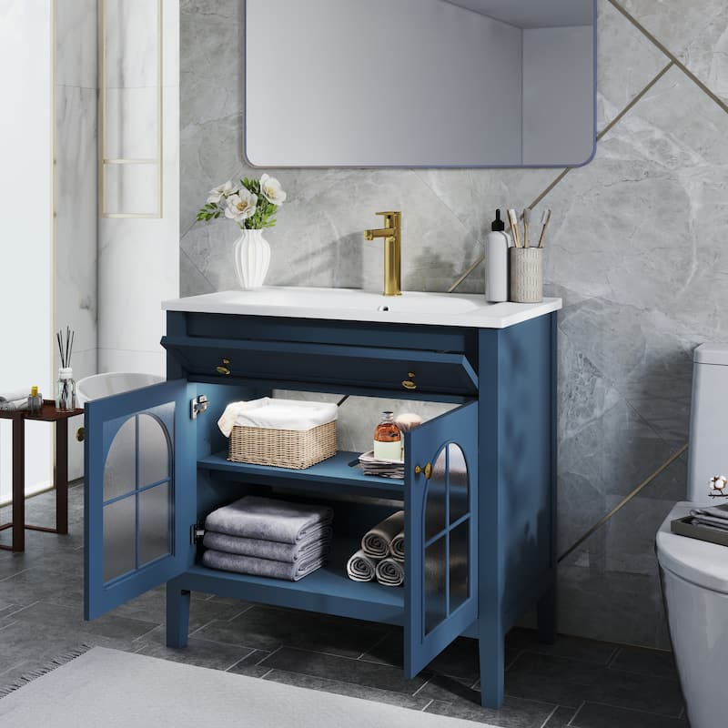 Modern Single Sink Bathroom Vanity Cabinet with Motion-sensor Light Strip & Patterned Glass, Ceramic Integrated Basin