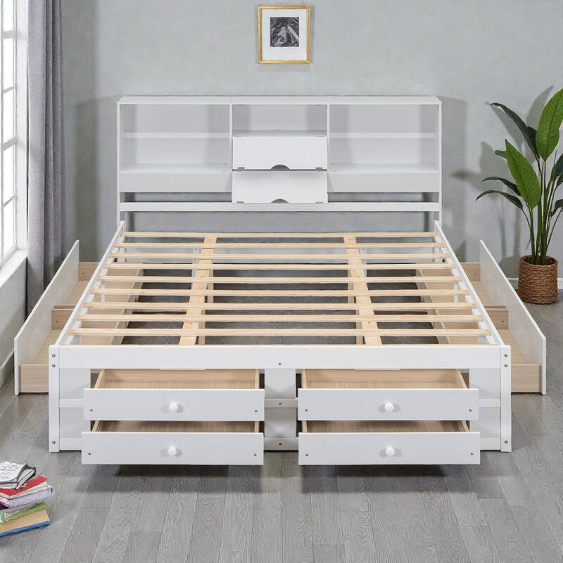 Platform Bed with Headboard Storage and 8 Drawers, Wood Bed Frame with Shelves and No Box Spring Needed
