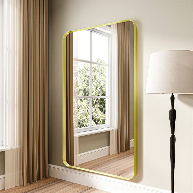 Organnice Rectangular Aluminum Framed Modern Rounded Wall Mount Mirror
