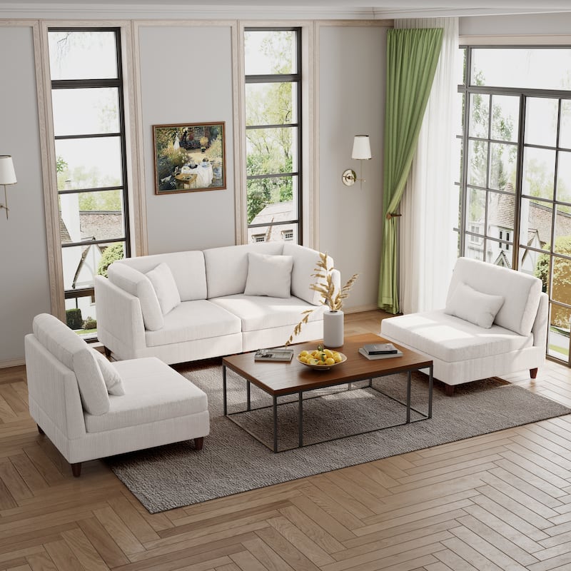 Modern Modular Corduroy Sectional Sofa with Ottoman - Beige 4 Piece