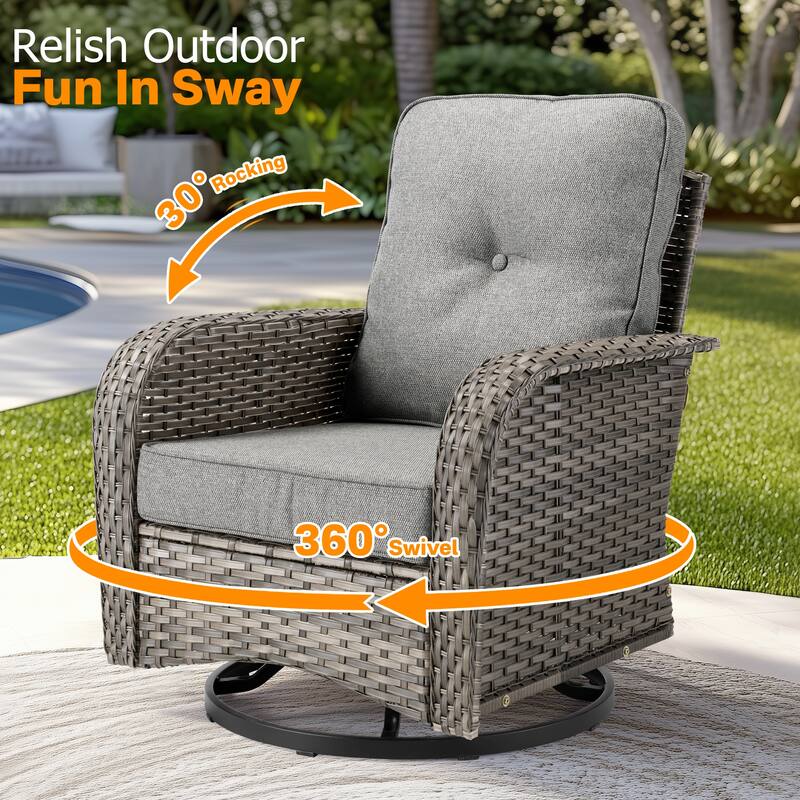 OVIOS 7-piece Patio Wicker Swivel Rocking Chair Set With Fire Pit