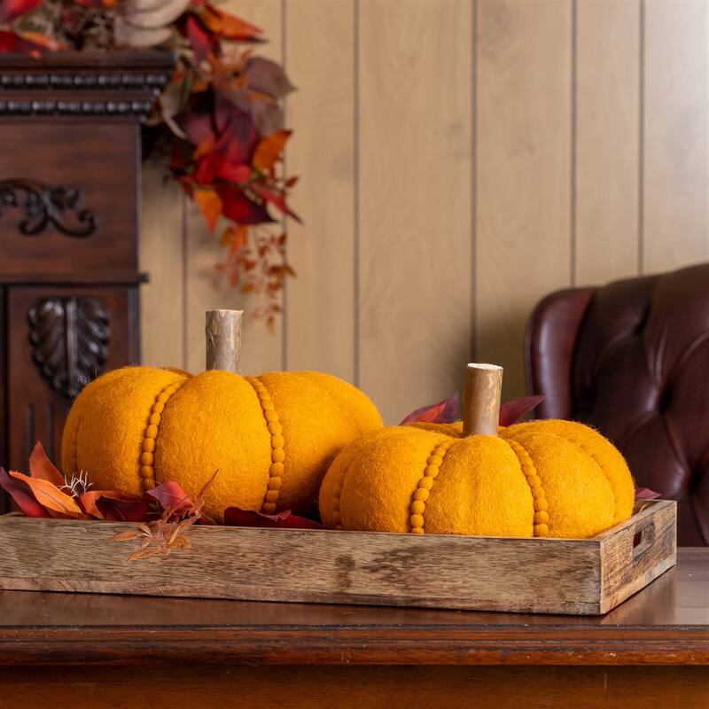 Set of 2 Plush Fabric Pumpkins with Wool Felt and Wood Stem Rustic Orange and Brown Fall Decor - 10”L x 10”W x 7”H