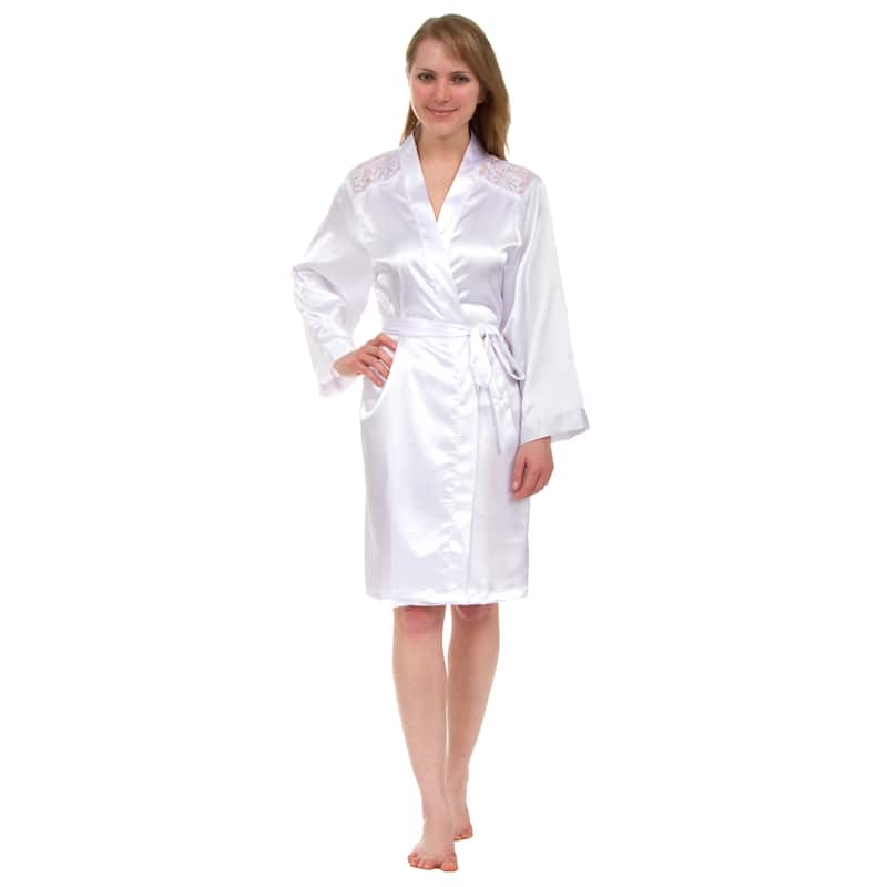 Leisureland Lace Yoke Satin Knee-Length Robe - White - L/XL