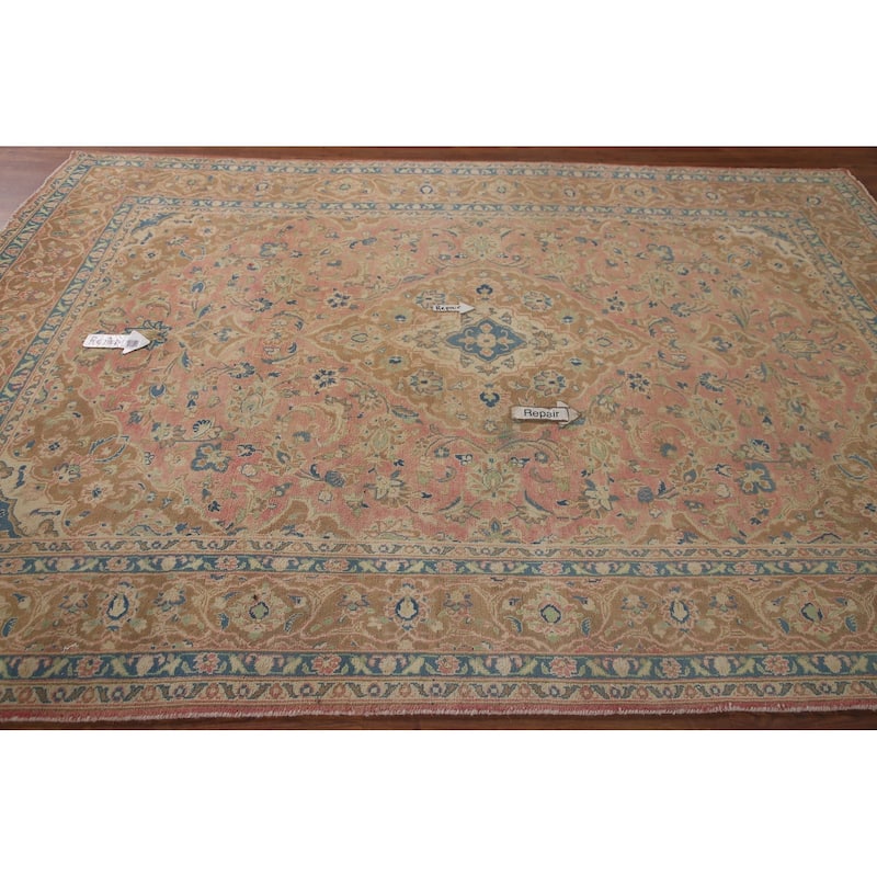 Traditional Mashad Persian Vintage Area Rug Hand-knotted Wool Carpet - 6'4" x 9'1"