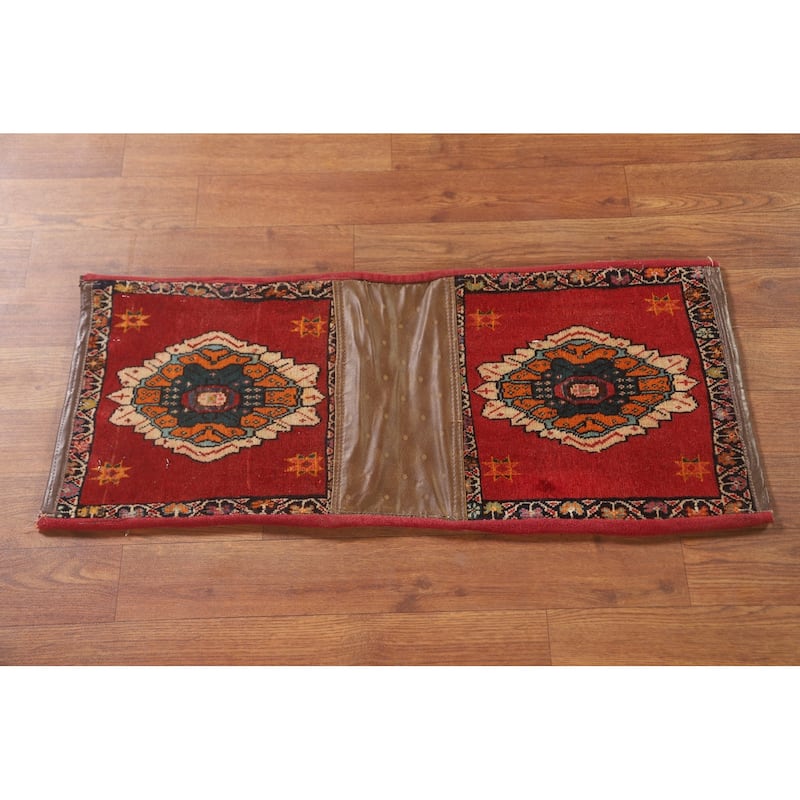 Red Geometric Saddle Bag Persian Accent Rug Hand-Knotted Wool Carpet - 1'1" x 2'7"