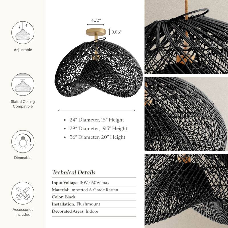 Lucian Rattan Flush Mount - Rattan Black 1-Light Handwoven Ceiling Light for Bedroom or Dining Room in Farmhouse, Country Style