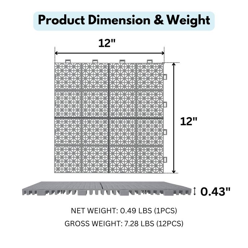 12 x 12 Inch Gray Interlocking Deck Tiles Plastic Waterproof Outdoor All Weather Anti-slip, Rosette Pattern Pack of 12