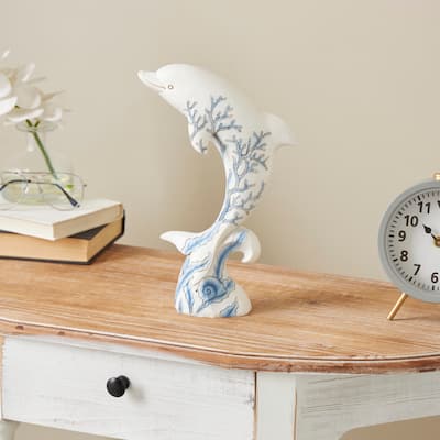 White Polystone Curved Dolphin Decorative Sculpture with Blue Coral Patterns