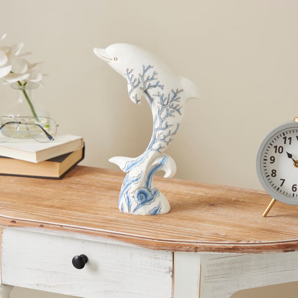 White Polystone Curved Dolphin Decorative Sculpture with Blue Coral Patterns