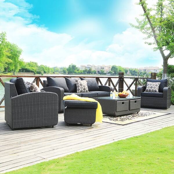 Shop Black Friday Deals On Havenside Home Stillwater 5 Piece Wicker Patio Sofa Set Outdoor Chat Sets With Drawer Table Overstock 27589671