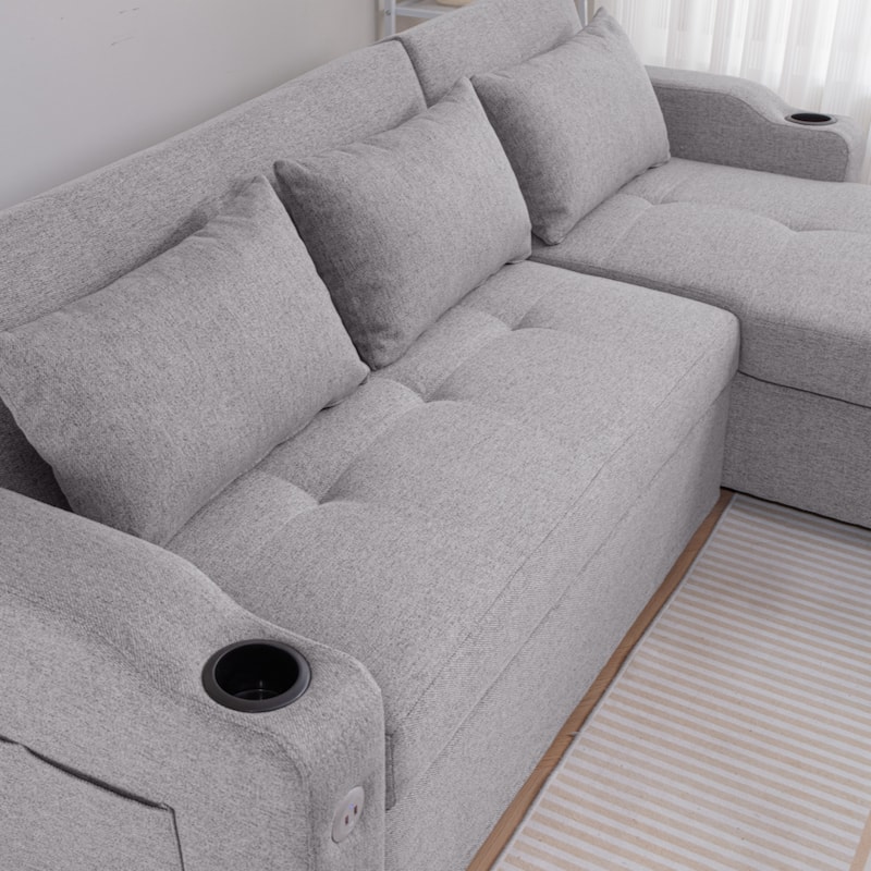 84"Adjustable Backrest Sofa Bed,3 in 1 Linen Sleeper with USB Ports & Cup Holders, Pull Out Couch Bed with Storage Chaise