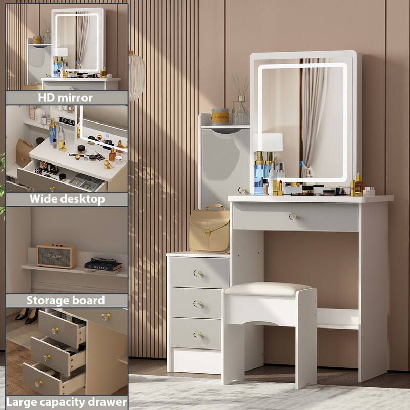 4-Drawer Makeup Organizer Vanity Table Set with LED-lit Mirror Dresser