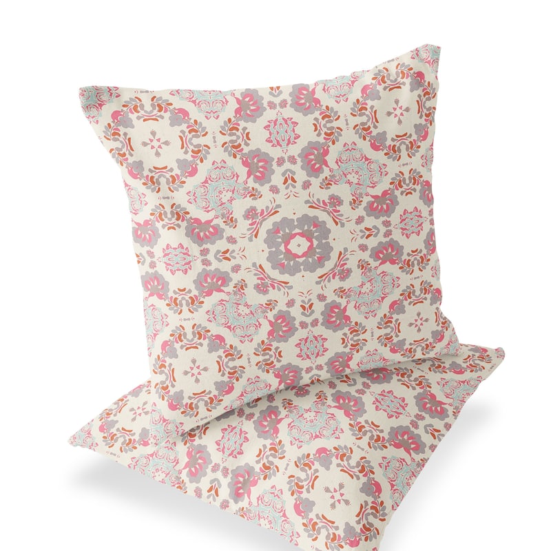 HomeRoots Set of Two 16" X 16" Pink and White Blown Seam Floral Indoor Outdoor Throw Pillow - 16.00' X '16.00' X '5.00
