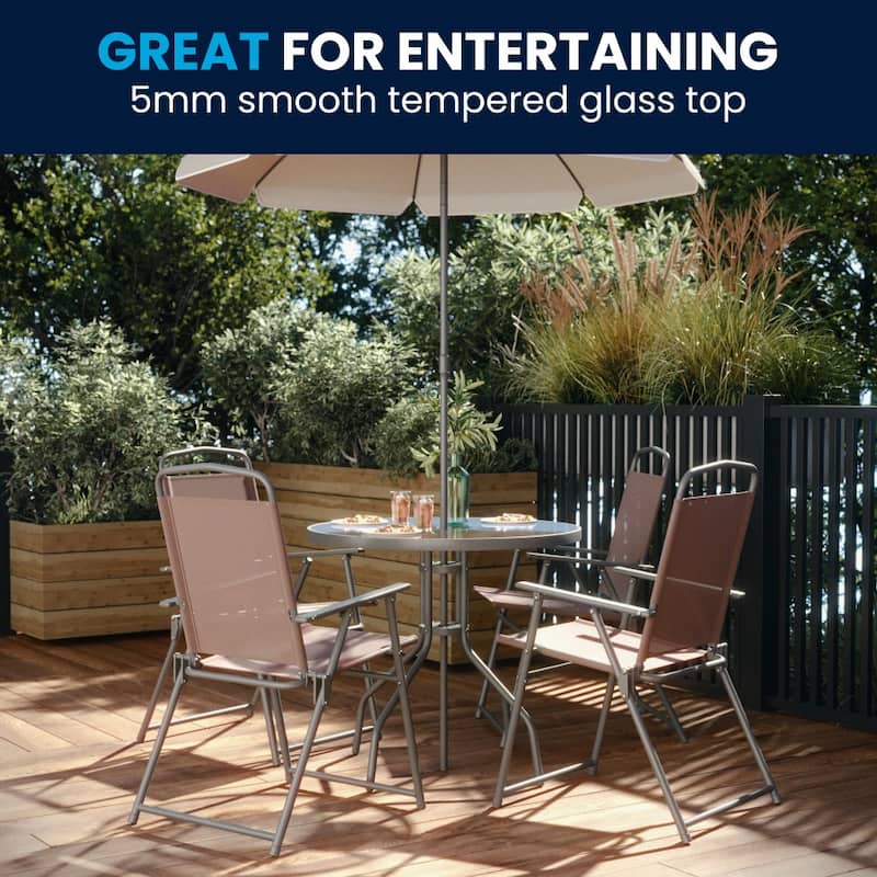 Nantucket 6 Piece Patio Garden Set with Table, Umbrella and 4 Folding Chairs