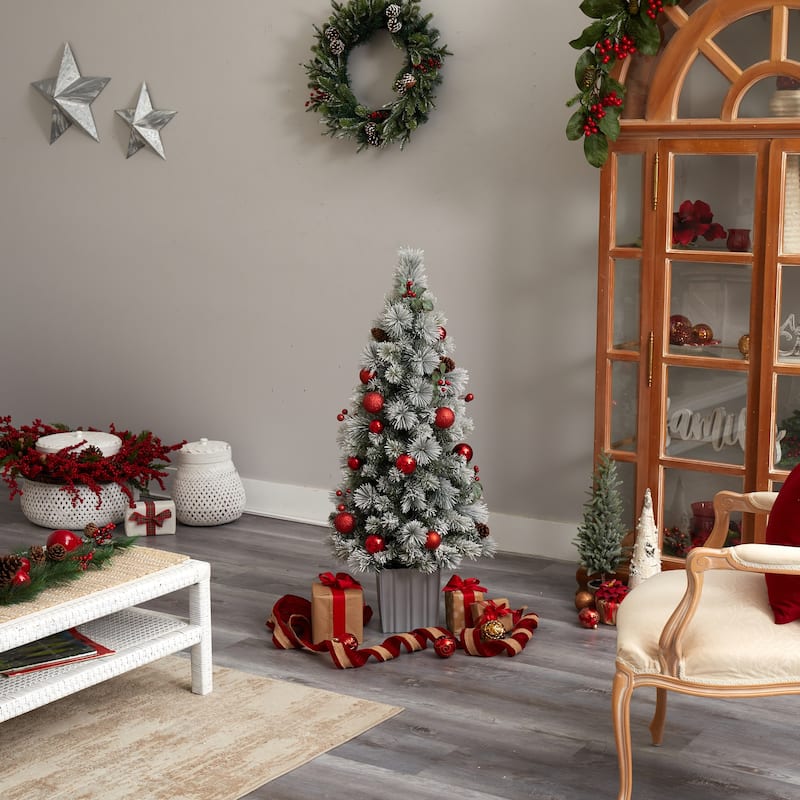 4' Pre-Lit Flocked Mini Artificial Christmas Potted Tree, Clear LED Lights - 4 Foot