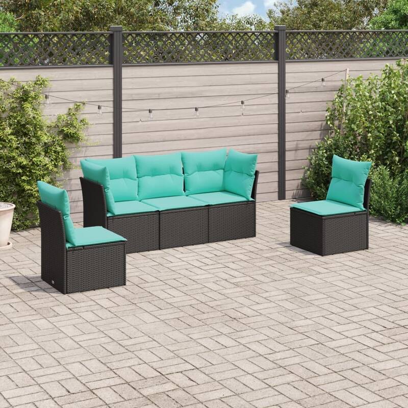 vidaXL 5 Piece Patio Sofa Set with Cushions Black Poly Rattan - 70.5x27.2x24.4-Without table