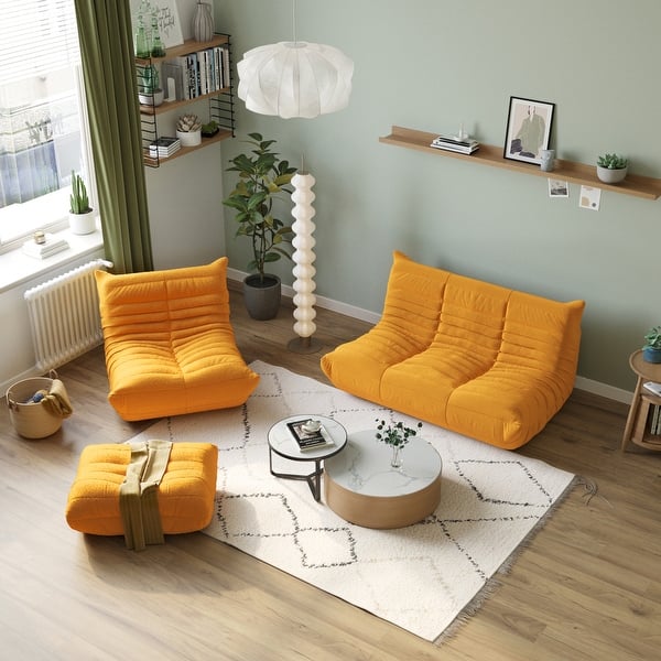slide 2 of 35, Living Room Lazy Sofa Teddy Fabric Convertible Couches with Ottoman Yellow