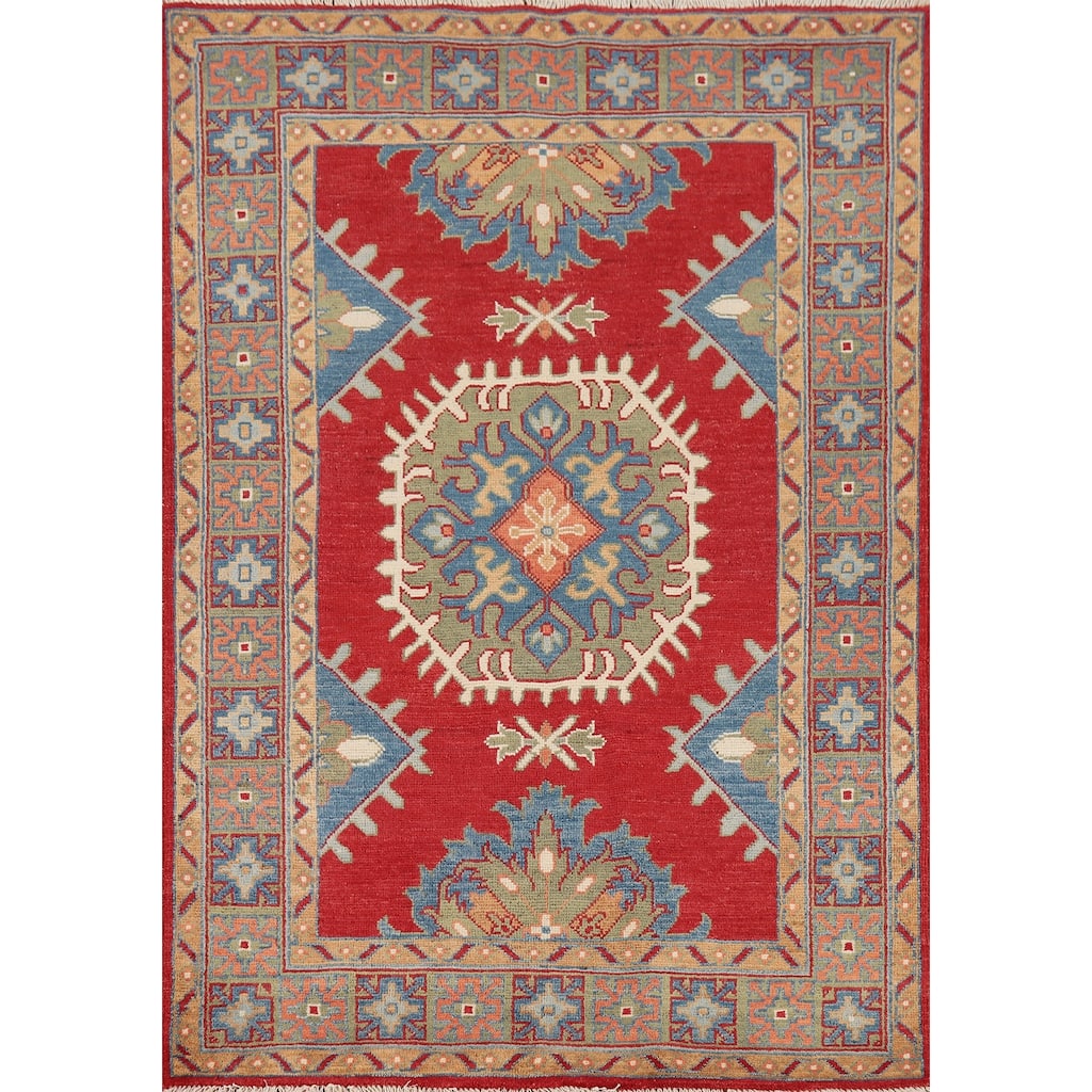 Traditional Red Kazak Oriental Accent Rug Hand-Knotted Wool Carpet - 3'5" x 4'11"