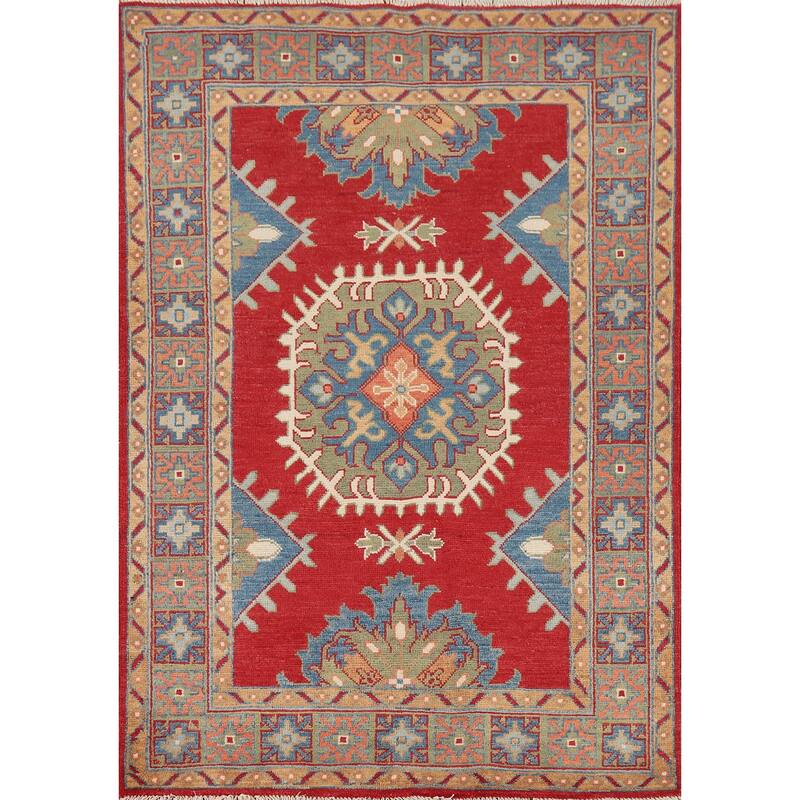 Traditional Red Kazak Oriental Accent Rug Hand-Knotted Wool Carpet - 3'5" x 4'11"