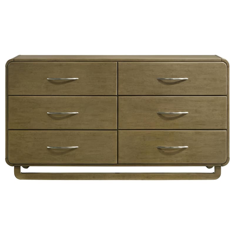 Deon Wide Dresser, 6 Drawers w Nickel Handles, Sled Legs, Nutmeg Brown