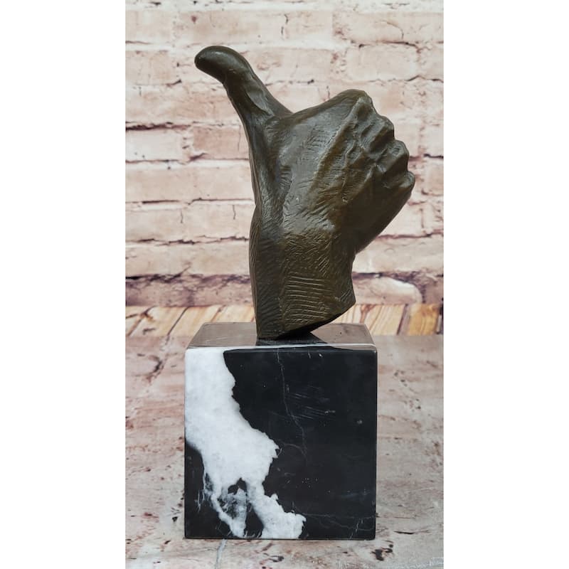 Bronze Thumbs-Up Sculpture On Marble Base - Signed Handmade Art