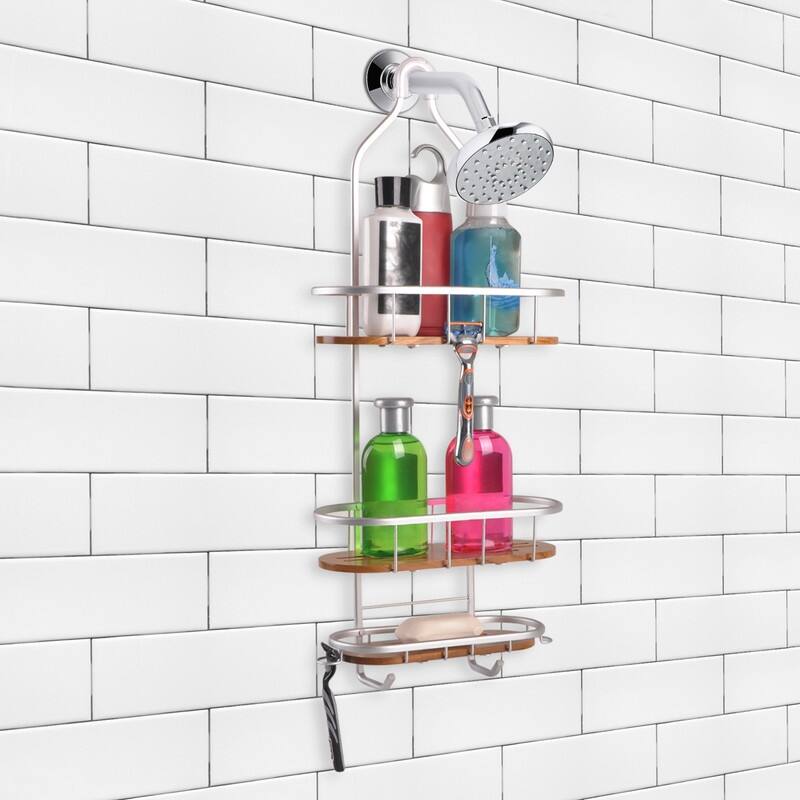 Utopia Alley Tia Rustproof Teak Overhead Shower Caddy with 3 Shelves, Hanging Shower Head Organizer, Black & Chrome Finish