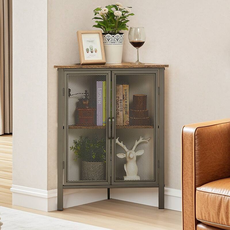 VECELO Triangular Corner Cabinet 27.5" 3-tier End Table with Mesh Doors For Small Spaces Indoor Outdoor(1PCS/2PCS) - 1 Piece - Grey