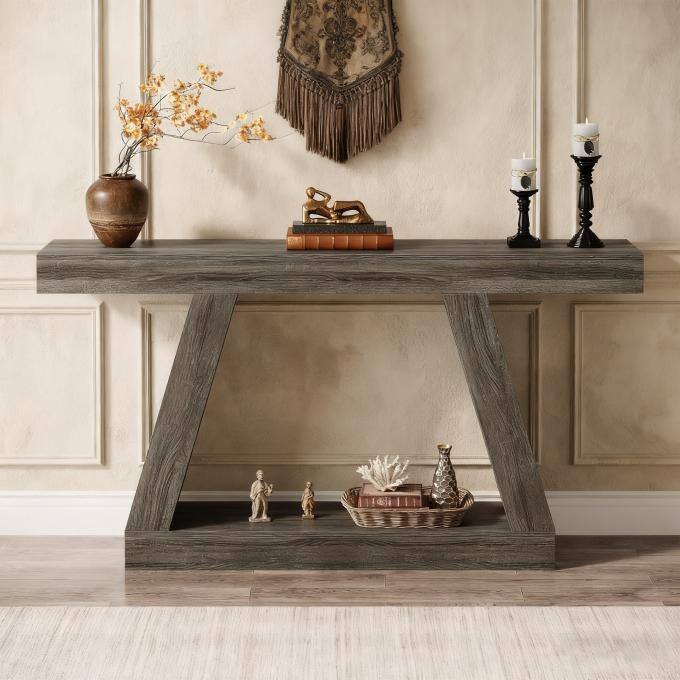 55-Inch Wooden Console Table with Storage, Farmhouse Sofa Table Entryway Table for Hallway, Living Room