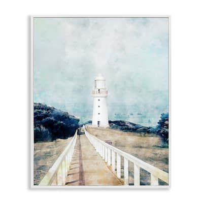 Stupell White Lighthouse Boardwalk Rocky Cliff Coastal Landscape Water Framed Wall Art - Blue