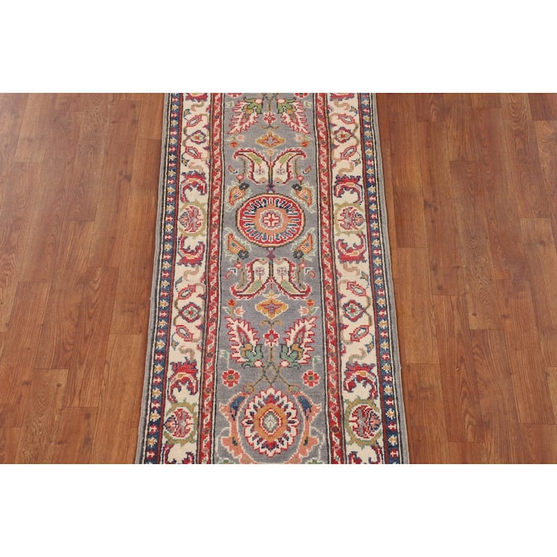 Traditional Kazak Runner Rug Hand-Knotted Grey Wool Carpet - 2'1" x 5'10"