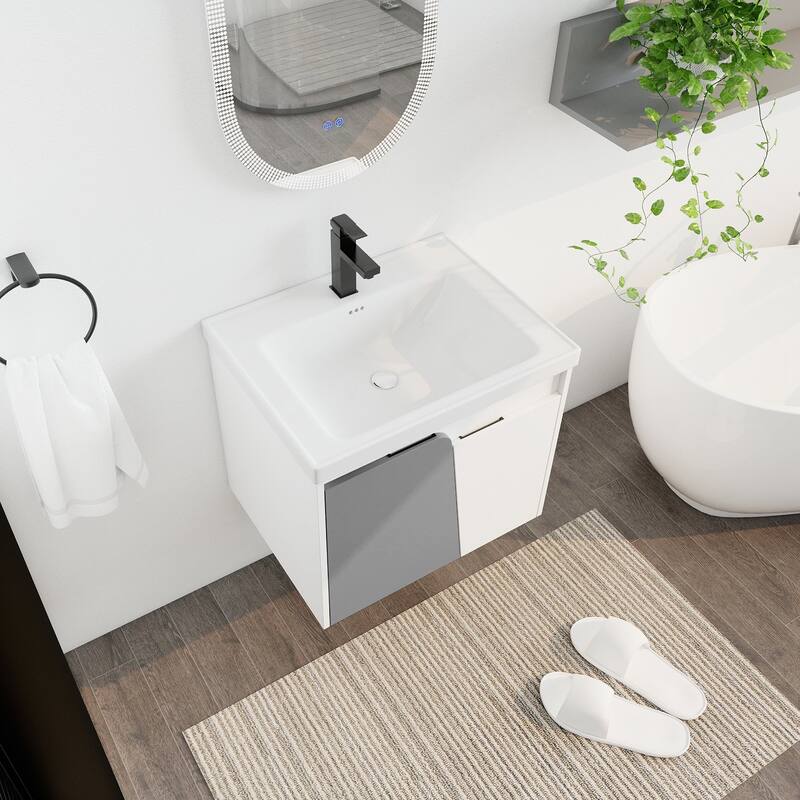 24 inch Wall-Mounted Bathroom Vanity Set in White with Integrated Ceramic Sink