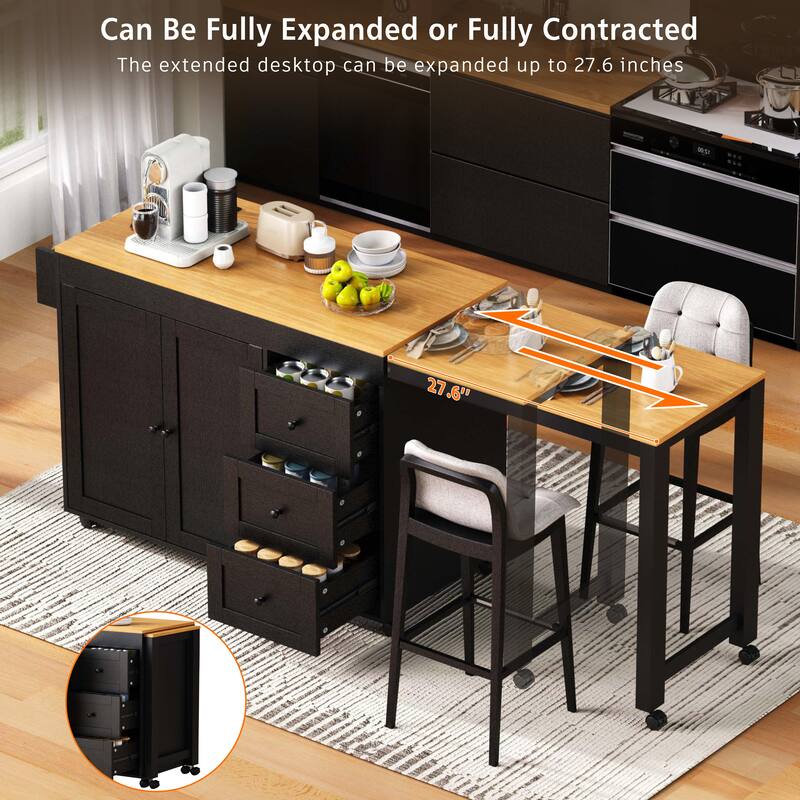 74.8" Kitchen Island with Extendable Dining Table and 3 Drawers