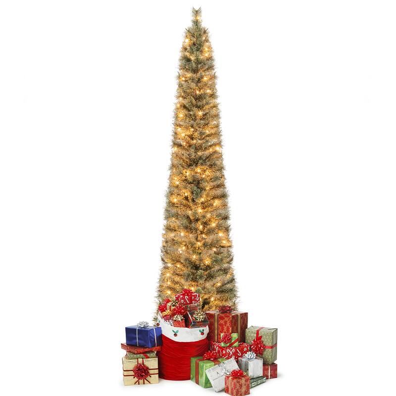 Gymax 6/7 FT Pre-Lit Artificial Christmas Tree Slime Pencil Christmas