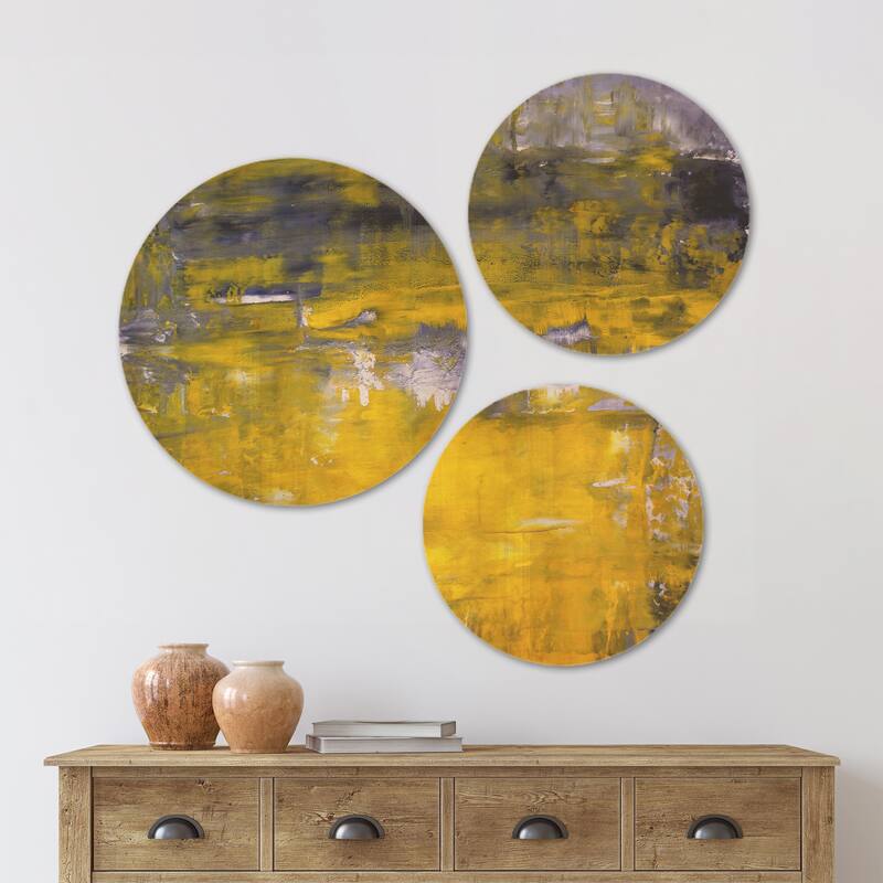Designart 'Grey and Yellow Abstract Art' Modern Wood Wall Art Set of 3 Circles