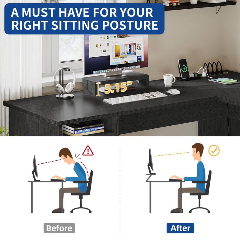 Moasis 59-inch Computer L-shaped Desk with Monitor Stand and Cabinet, Executive Desk w/Power Outlets